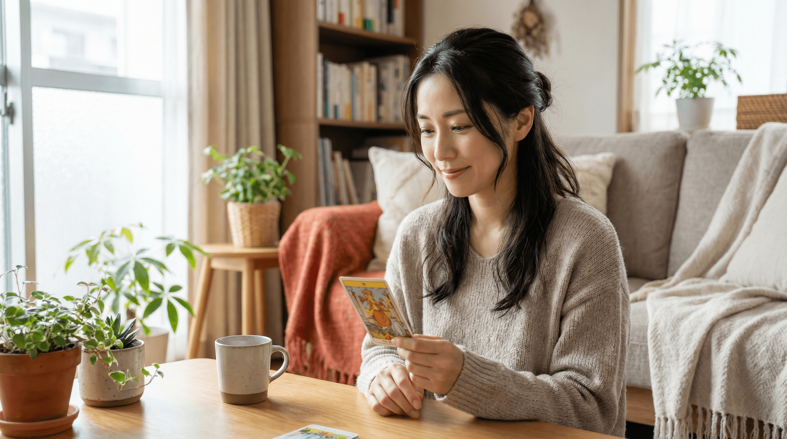リビングでタロットカードを持つ女性